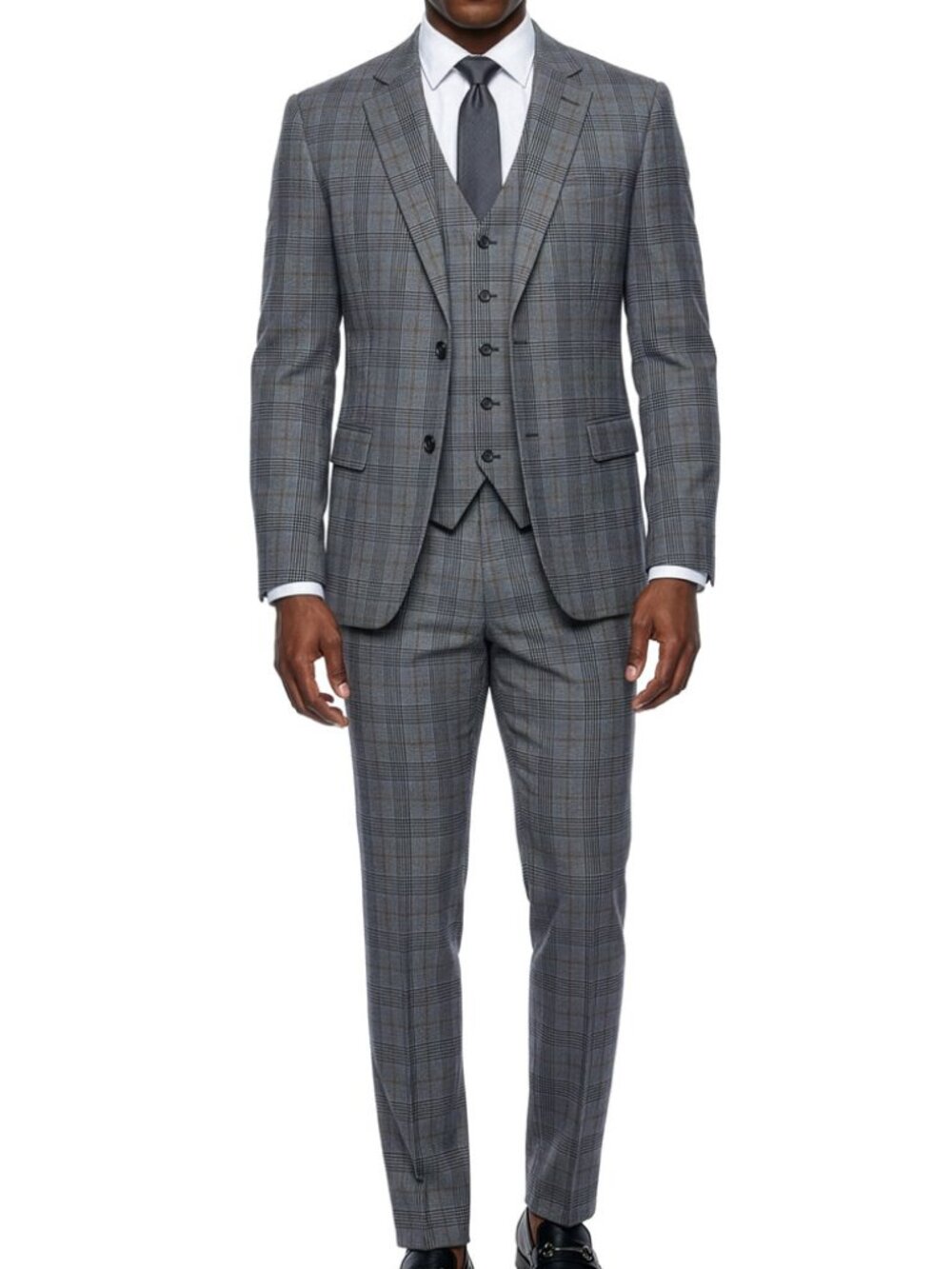 Grey Windowpane Plaid Peak Lapel 3 Piece Stacy Adams Men's Suit